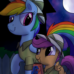 Size: 1000x1000 | Tagged: safe, artist:professor-ponyarity, princess luna, rainbow dash, scootaloo, pegasus, pony, g4, bag, blank flank, clothes, costume, cute, cutealoo, daring do costume, female, filly, foal, full moon, halloween, hat, holiday, looking at each other, looking at someone, mare, moon, mouth hold, night, night sky, nightmare night, raised hoof, scootalove, shirt, sky, smiling, spread wings, stars, wings