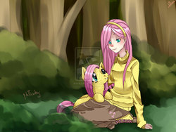 Size: 1032x774 | Tagged: safe, artist:comico-sam, fluttershy, human, g4, clothes, human ponidox, humanized, sitting, sweater, sweatershy