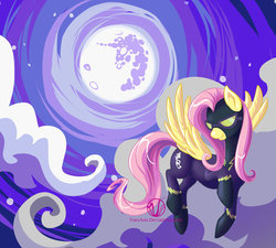 Size: 1280x1153 | Tagged: safe, artist:varaann, fluttershy, pegasus, pony, g4, clothes, cloud, cloudy, costume, female, flying, fully moon, mare in the moon, moon, night, nightmare night, shadowbolts, shadowbolts costume, solo