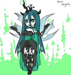 Size: 900x944 | Tagged: safe, artist:vicki8099, queen chrysalis, human, g4, choker, clothes, eared humanization, evening gloves, female, horn, horned humanization, humanized, pixiv, solo, torn clothes, winged humanization