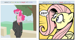 Size: 526x279 | Tagged: safe, fluttershy, pinkie pie, human, derpibooru, g4, exploitable meme, juxtaposition, juxtaposition win, meme, meta