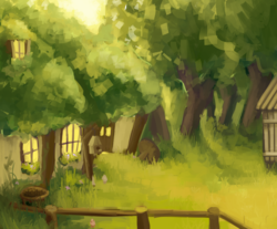 Size: 2300x1900 | Tagged: safe, artist:celestiawept, g4, fence, fluttershy's cottage, grass, no pony, scenery, tree