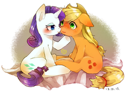 Size: 631x454 | Tagged: safe, artist:chi-hayu, applejack, rarity, g4, blushing, female, imminent kissing, lesbian, ship:rarijack, shipping