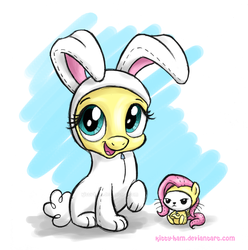 Size: 1024x1031 | Tagged: safe, artist:kitty-ham, angel bunny, fluttershy, pegasus, pony, rabbit, g4, angel bunny is not amused, animal, bunny costume, bunny pajamas, bunnyshy, clothes, costume, cute, duo, fluttershy suit, frown, hilarious in hindsight, looking at you, pony costume, shyabetes, smiling, unamused