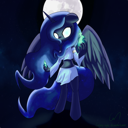 Size: 2048x2048 | Tagged: safe, artist:greeny-nyte, princess luna, anthro, g4, backlighting, clothes, female, glowing, glowing eyes, solo