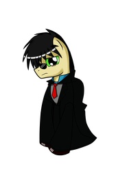 Size: 1536x2048 | Tagged: safe, artist:shrusxaiken, pony, clothes, glasses, jacket, necktie, poisoncell, simple background, solo, sunglasses, white background