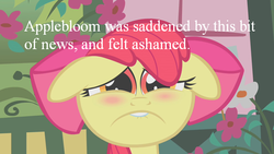 Size: 640x360 | Tagged: safe, edit, edited screencap, screencap, apple bloom, earth pony, pony, call of the cutie, g4, blushing, bust, caption, female, homestar runner, reference, solo, text