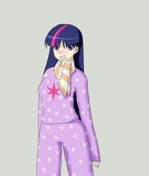 Size: 821x973 | Tagged: safe, artist:shrusxaiken, twilight sparkle, human, morning twilight sparkle, g4, blushing, clothes, female, humanized, pajamas, scarf, simple background, solo