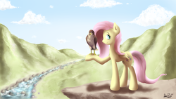 Size: 1280x720 | Tagged: safe, artist:datponypl, fluttershy, bird, falcon, pegasus, peregrine falcon, pony, g4, animal, duo, river, scenery, stream, valley