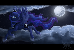 Size: 2347x1612 | Tagged: safe, artist:kocurzyca, princess luna, g4, cloud, cloudy, female, flying, moon, night, solo