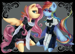 Size: 3243x2343 | Tagged: dead source, safe, artist:my-magic-dream, fluttershy, rainbow dash, pegasus, anthro, g4, arm hooves, clothes, duo, gothic lolita, kodona, lolita fashion