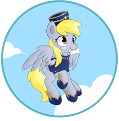 Size: 2000x2025 | Tagged: safe, artist:hidden-cat, derpy hooves, pegasus, pony, g4, clothes, cloud, female, letter, mailmare, mare, mouth hold, sky, solo, uniform