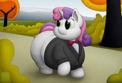 Size: 2800x1900 | Tagged: safe, artist:jesseorange, sweetie belle, pony, unicorn, g4, belly, chubby cheeks, clothes, fat, female, filly, foal, morbidly obese, obese, solo, sweetie belly, tuxedo