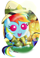 Size: 1197x1755 | Tagged: safe, artist:ruhisu, daring do, rainbow dash, pegasus, pony, g4, baby, baby dash, baby pony, candy, clothes, costume, cute, daring do costume, dashabetes, female, filly, filly rainbow dash, foal, halloween, happy, holiday, jack-o-lantern, nightmare night, open mouth, pumpkin, signature, solo