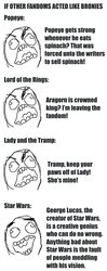 Size: 500x1260 | Tagged: safe, alicorn drama, barely pony related, drama, equestria girls drama, exploitable meme, fandom, george lucas, lady and the tramp, lauren faust, lord of the rings, meme, meta, popeye, popeye the sailor, rage comic, rage face, rage guy, star wars, waifu thief