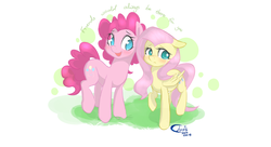 Size: 1280x698 | Tagged: dead source, safe, artist:xcopyen002, fluttershy, pinkie pie, earth pony, pegasus, pony, g4, blushing, comforting, crying, duo, duo female, female, friendship