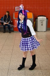 Size: 1063x1600 | Tagged: safe, artist:gavinclinton, twilight sparkle, human, g4, clothes, cosplay, irl, irl human, kneesocks, london mcm expo, photo, school uniform, schoolgirl, skirt, socks