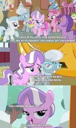 Size: 720x1215 | Tagged: safe, edit, edited screencap, screencap, diamond tiara, silver spoon, g4, caption, comic, cute, diamondbetes, image macro, screencap comic, sexy naughty bitchy, song reference, tata young