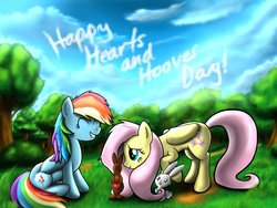 Size: 1032x774 | Tagged: dead source, safe, artist:privia, angel bunny, fluttershy, rainbow dash, g4, female, hearts and hooves day, lesbian, ship:flutterdash, shipping