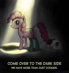 Size: 640x677 | Tagged: safe, artist:el-yeguero, pinkie pie, earth pony, pony, g4, butt, clothes, dead, female, looking at you, looking back, looking back at you, mare, plot, raised tail, skull, smiling, solo, spotlight, stockings, tail wrap