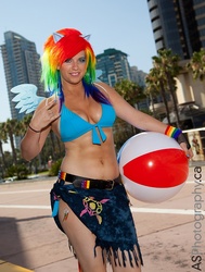 Size: 775x1024 | Tagged: safe, artist:ss4goku, rainbow dash, human, g4, abs, belly button, bikini, clothes, cosplay, irl, irl human, photo, san diego comic con, sarong, solo, swimsuit