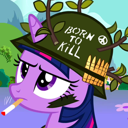 Size: 421x421 | Tagged: safe, edit, edited screencap, screencap, twilight sparkle, dragon quest, g4, army, badass, born to x, female, full metal jacket, helmet, military, parody, reaction image, smoking, solo