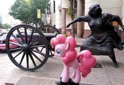 Size: 1000x689 | Tagged: safe, artist:texasuberalles, pinkie pie, earth pony, pony, g4, cannon, duo, irl, photo, statue, toy