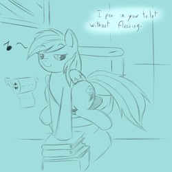 Size: 1000x1000 | Tagged: safe, rainbow dash, pegasus, pony, g4, book, but why, creepy rainbow dash, evil, female, implied pissing, mare, monochrome, pure unfiltered evil, sitting on toilet, sketch, solo, toilet, toilet paper