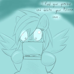 Size: 1000x1000 | Tagged: artist needed, safe, rainbow dash, pegasus, pony, g4, creepy rainbow dash, evil, female, mare, monochrome, nintendo ds, pokémon, pure unfiltered evil, solo, why