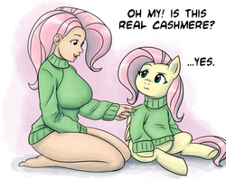 Size: 1500x1196 | Tagged: safe, artist:king-kakapo, artist:megasweet, fluttershy, human, g4, barefoot, bottomless, breasts, busty fluttershy, cashmere, clothes, colored, feet, female, human ponidox, humanized, oh my, sweater, sweatershy