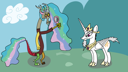 Size: 1920x1080 | Tagged: safe, artist:shadowbolt82, discord, princess celestia, g4, alternate hairstyle, celestia is not amused, discord being discord, duo, female, male, mane swap, ship:dislestia, shipping, straight