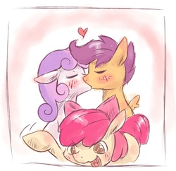 Size: 776x750 | Tagged: safe, artist:rigi, apple bloom, scootaloo, sweetie belle, earth pony, pegasus, pony, unicorn, g4, cutie mark crusaders, ears back, eyes closed, female, filly, foal, kiss on the lips, kissing, lesbian, pixiv, ship:scootabelle, shipping, trio