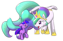 Size: 2048x1347 | Tagged: safe, artist:nadnerbd, princess celestia, twilight sparkle, alicorn, pony, unicorn, g4, angry, crown, female, filly, foal, height difference, hoof shoes, jewelry, long mane, long neck, long tail, mare, peytral, princess shoes, regalia, simple background, sparkly mane, sparkly tail, tail, transparent background, unamused, unicorn twilight