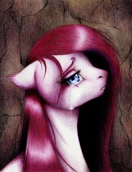 Size: 1688x2186 | Tagged: safe, artist:silverwolf866, pinkie pie, earth pony, pony, g4, crying, ear fluff, female, floppy ears, fluffy, frown, lidded eyes, looking at you, mare, pinkamena diane pie, profile, sad, solo