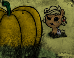 Size: 2124x1653 | Tagged: safe, artist:ancientowl, applejack, earth pony, pony, g4, baby, baby pony, babyjack, female, filly, foal, pumpkin, solo