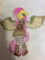 Size: 720x960 | Tagged: safe, artist:nicolethebluepony, fluttershy, anthro, g4, clothes, dress, fake wings, female, solo, steampunk