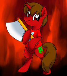 Size: 800x900 | Tagged: safe, artist:perfectpinkwater, pony, unicorn, animal crossing, axe, bipedal, killager, ponified, solo, twiface, villager, wrong neighborhood