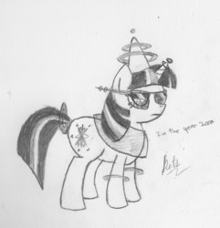 Size: 628x651 | Tagged: safe, artist:kittyhawk-contrail, twilight sparkle, g4, 60s, clothes, costume, female, future, monochrome, solo, traditional art