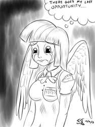 Size: 1200x1600 | Tagged: safe, artist:tomtornados, twilight sparkle, equestria girls, g4, expression, female, fired, monochrome, name tag, sad, solo, wings