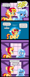 Size: 1050x2640 | Tagged: safe, artist:ficficponyfic, sunset shimmer, trixie, pony, g4, alternate hairstyle, comic, dialogue, female, lesbian, mane swap, teasing