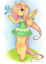 Size: 500x694 | Tagged: safe, artist:neolucky, fluttershy, bird, pegasus, snail, semi-anthro, g4, clothes, cute, dress, female, mare, shyabetes, smiling, solo