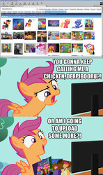 Size: 1366x2304 | Tagged: safe, scootaloo, derpibooru, g4, chickun, comic, exploitable meme, meme, meta, netscape, parody, revenge, scootachicken, text