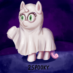 Size: 800x800 | Tagged: safe, artist:senx, sweetie belle, ghost, g4, 2spooky, bedsheet ghost, boo, clothes, costume, cute, diasweetes, female, ghost costume, halloween, halloween costume, raised hoof, solo