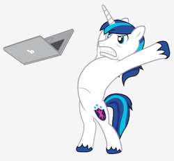 Size: 377x350 | Tagged: safe, artist:dm29, shining armor, pony, unicorn, g4, bipedal, computer, laptop computer, male, solo, stallion, table flip