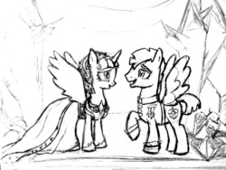 Size: 640x480 | Tagged: safe, artist:zuzuyak, flash sentry, twilight sparkle, alicorn, pony, g4, female, mare, monochrome, ship:flashlight, shipping, traditional art, twilight sparkle (alicorn), wedding