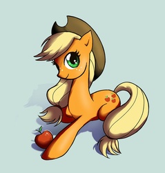 Size: 875x914 | Tagged: safe, artist:kangaeien, applejack, g4, apple, cute, female, jackabetes, looking at you, obligatory apple, prone, shadow, simple background, smiling, solo