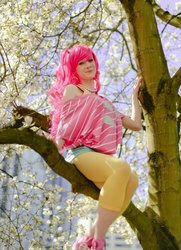 Size: 2207x3049 | Tagged: safe, artist:roboon, pinkie pie, human, g4, clothes, cosplay, irl, irl human, off shoulder, photo, sakura con, solo, tree