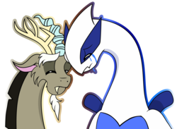 Size: 4717x3448 | Tagged: safe, artist:chibi-n92, discord, draconequus, lugia, g4, crack shipping, crossover, crossover shipping, crying, eyes closed, outline, pokémon, shipping, simple background, transparent background