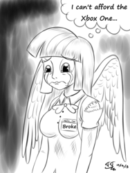 Size: 1200x1600 | Tagged: safe, artist:tomtornados, edit, twilight sparkle, equestria girls, g4, female, monochrome, name tag, sad, solo, wings, xbox one
