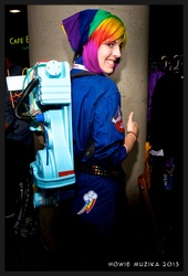 Size: 1389x2048 | Tagged: artist needed, safe, artist:heartlessaquarius, rainbow dash, human, g4, cosplay, crossover, customized toy, ghostbusters, irl, irl human, photo, proton pack, san diego comic con, solo